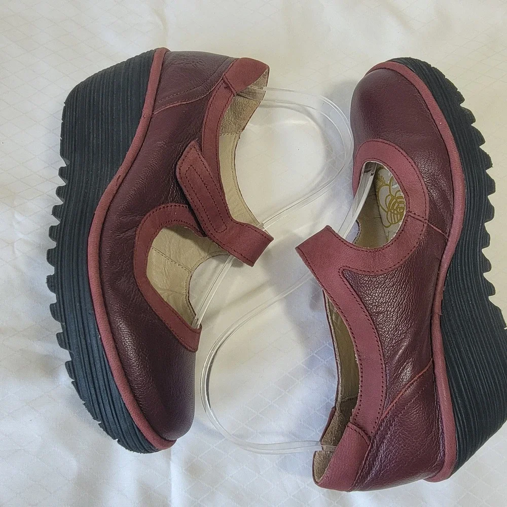 Fly London Womens Burgundy Leather Mary Jane Wedge Platform Shoes Sz 8 39 RARE